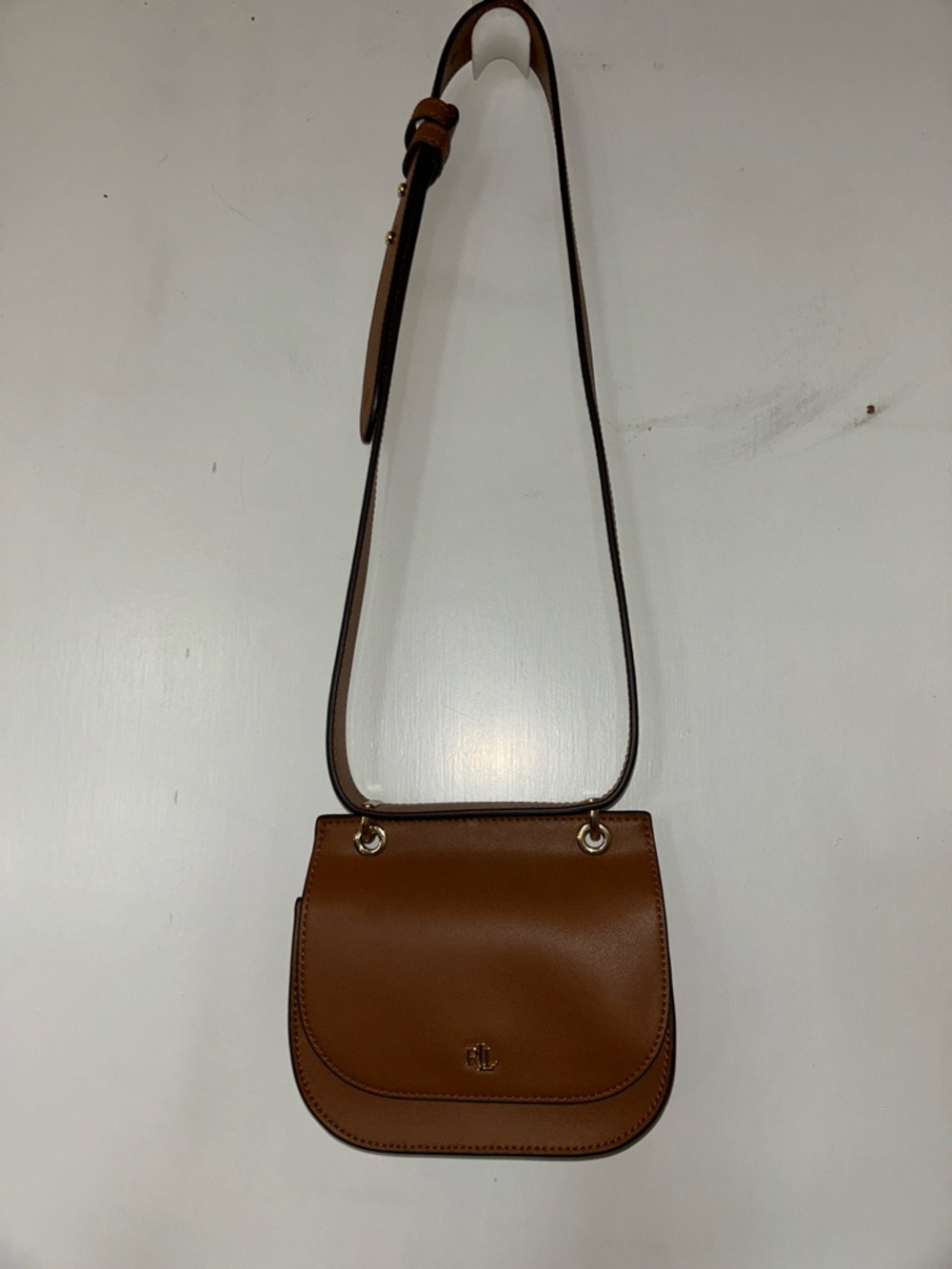 Lauren Ralph Lauren Brown Leather Crossbody Saddle Bag with Gold Hardware